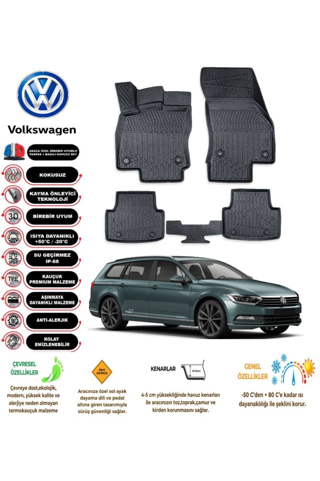 Volkswagen Passat B8 Station Vagon 2019 Model 4D Araca Özel Havuzlu Paspas Takımı