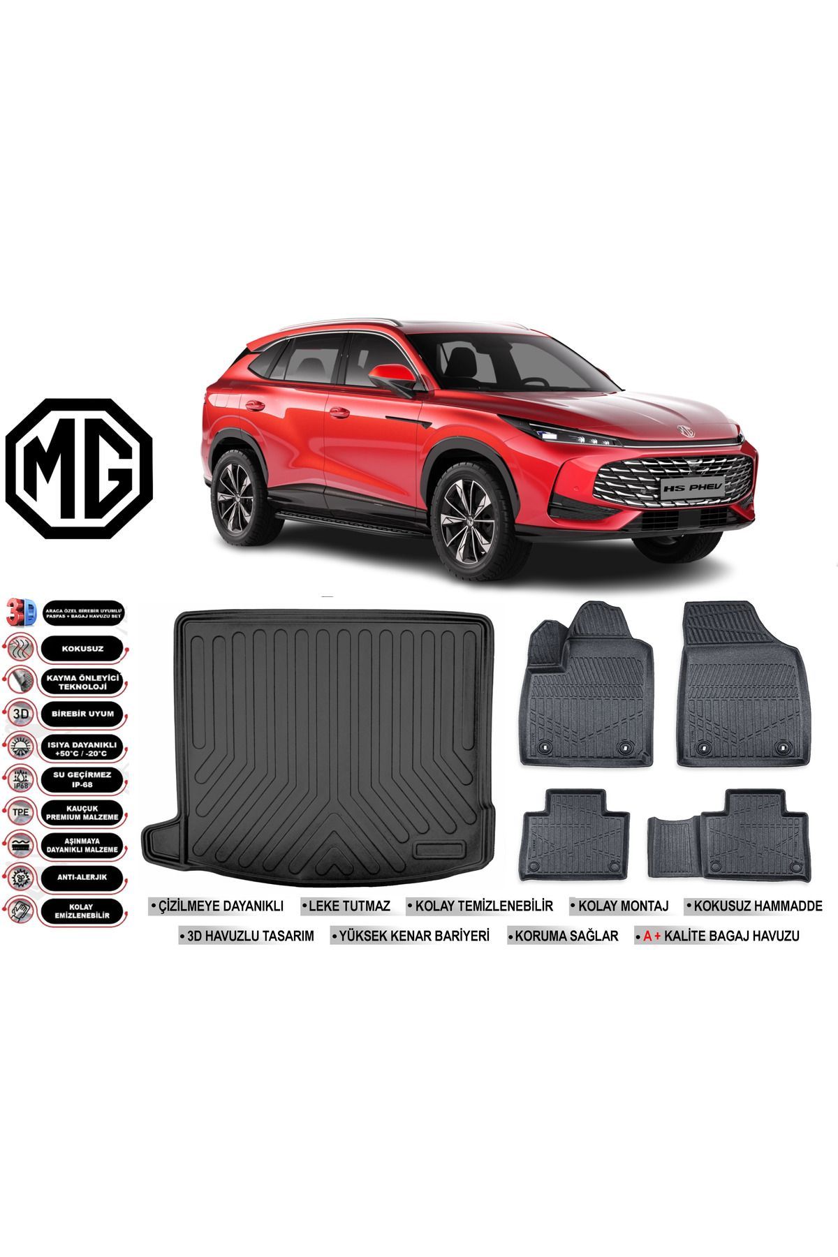 MG HS Hybrid PHEV 2025 Model Bagaj Havuzu Araca Özel Siyah Havuzlu Paspas Takımı Sett