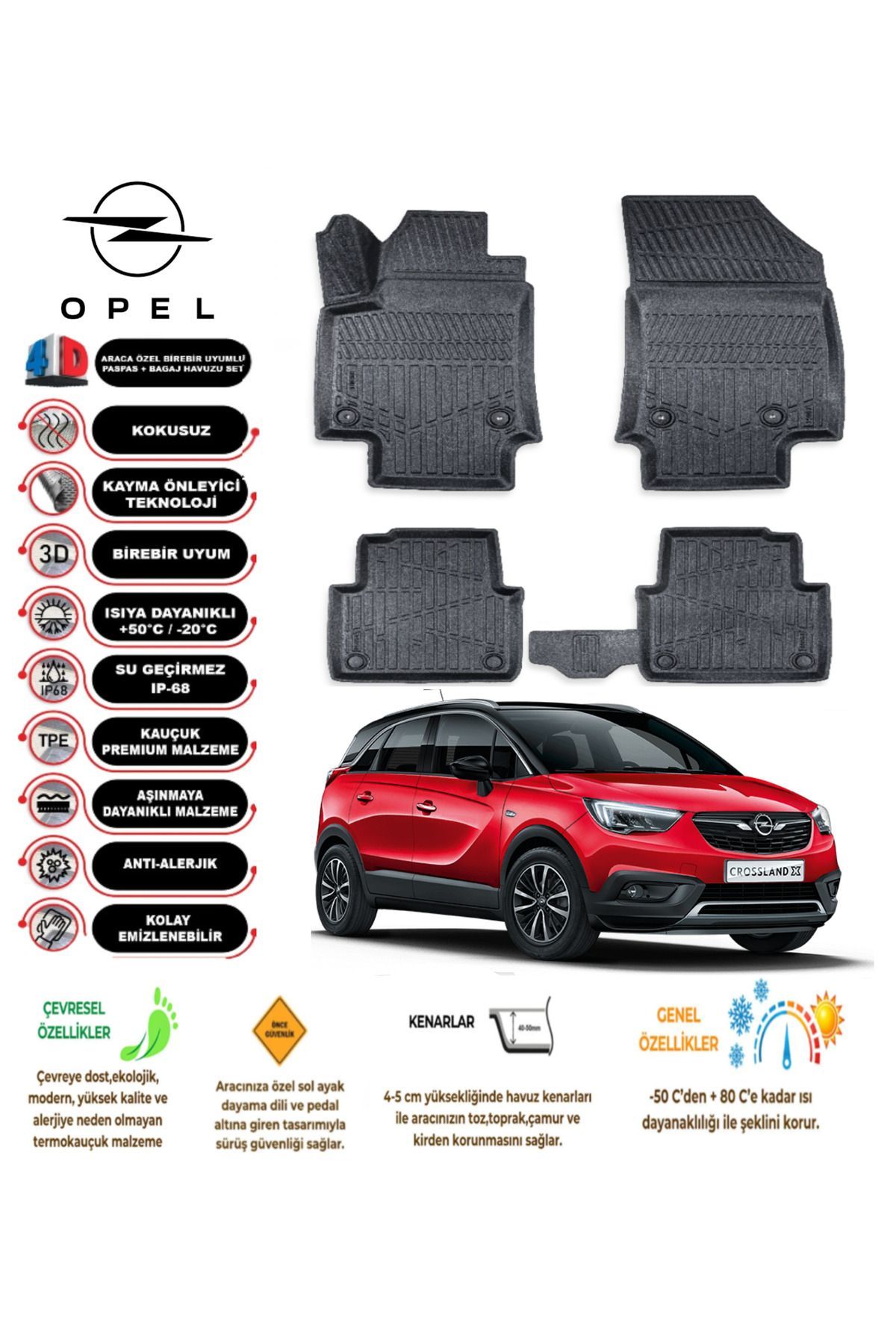 Opel Crossland X 2017 Sonrası 4D Araca Özel Havuzlu Kokusuz Paspas Takımıı