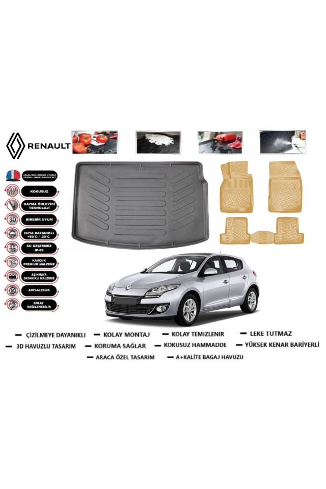 Renault Megane 3 HB 2015 Model Bagaj Havuzu+Araca Özel Bej Paspas Takımı Flex