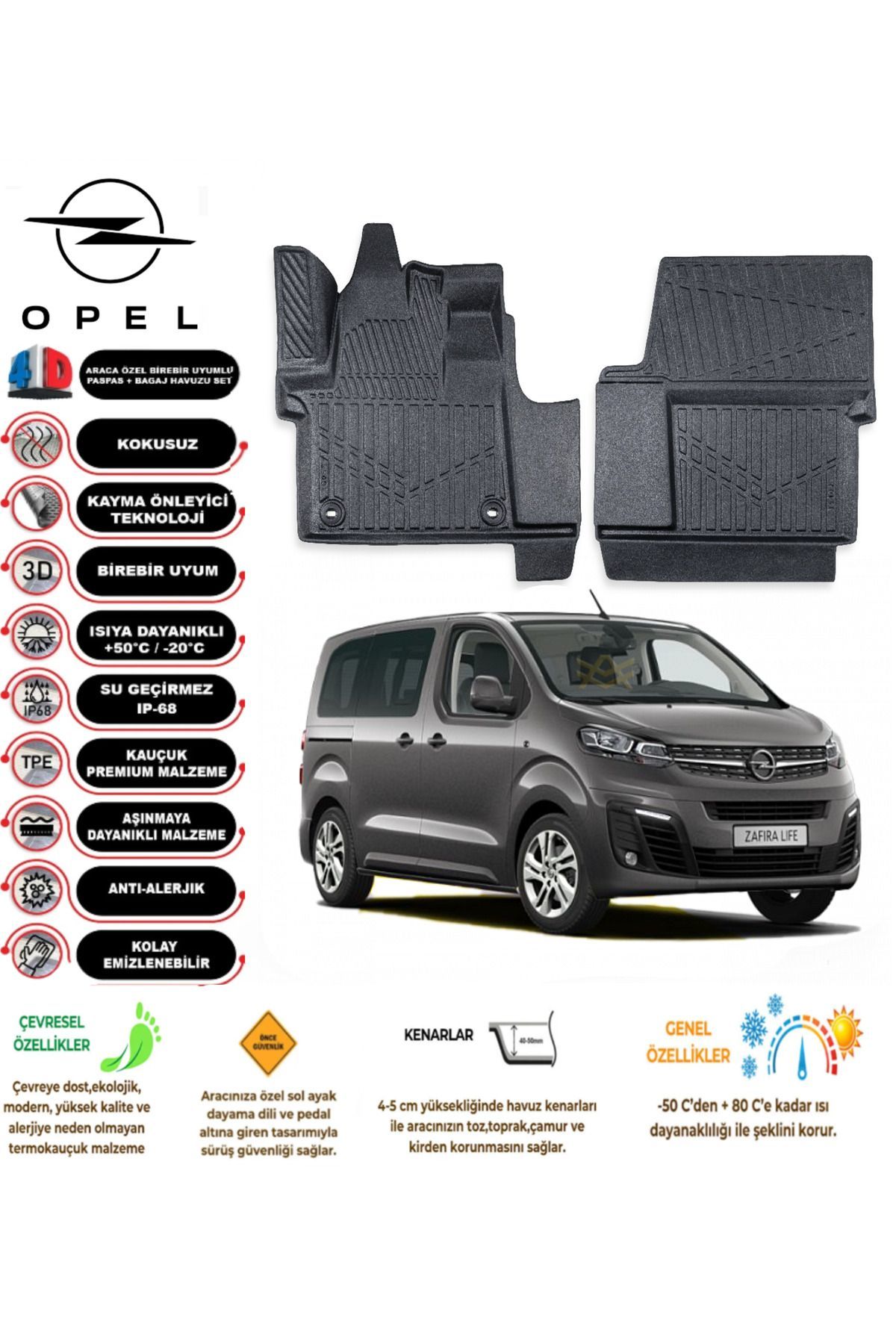 Opel Zafira Life 2022 Sonrası 4D Araca Özel Havuzlu Kokusuz Paspas Takımı