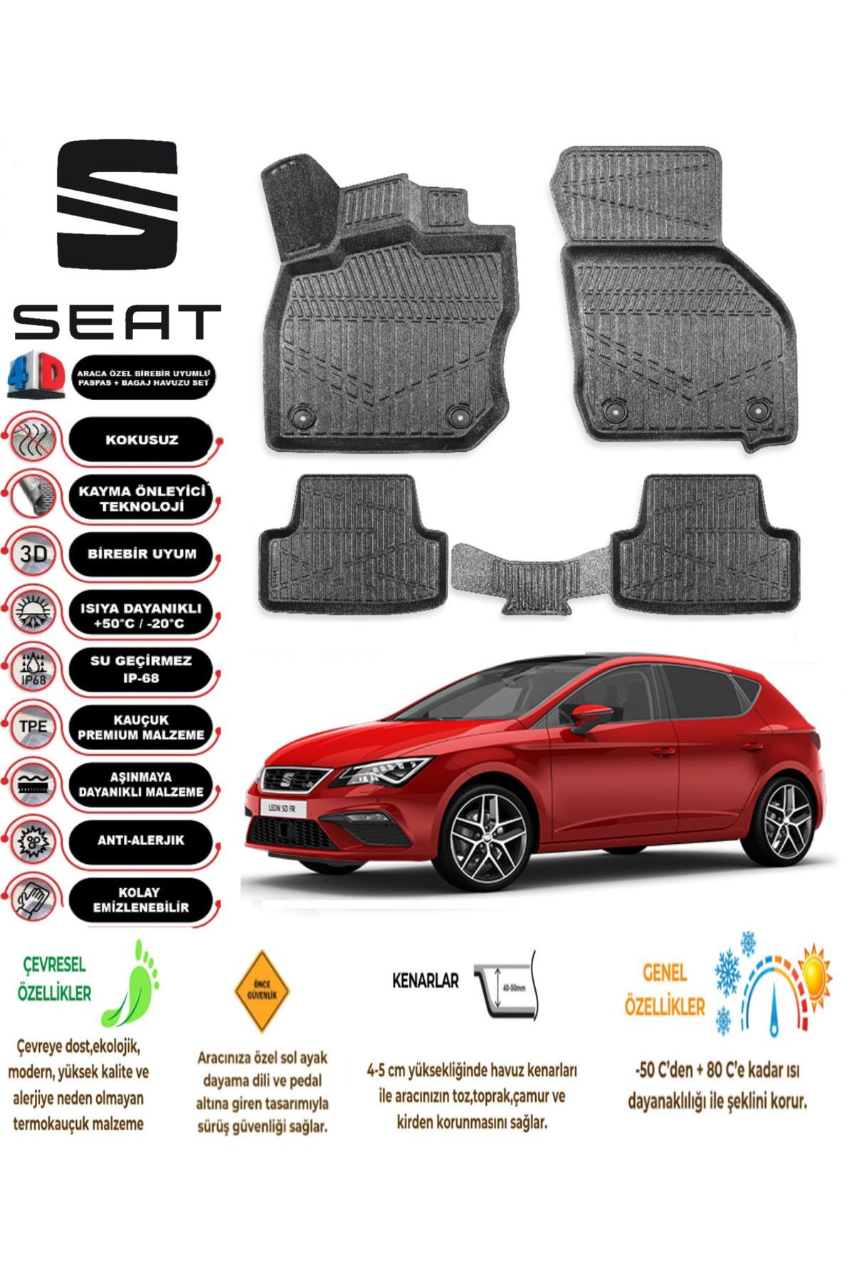 Seat Leon 2012-2020 Arası 4D Araca Özel Havuzlu Kokusuz Paspas Takımı