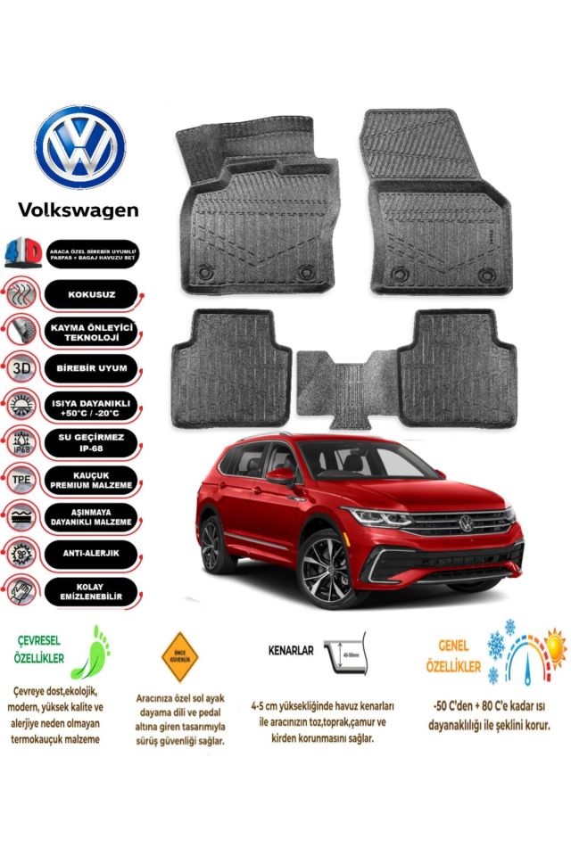 Volkswagen Tiguan 2024 Sonrası 4D Araca Özel Havuzlu Kokusuz Paspas Takımıı
