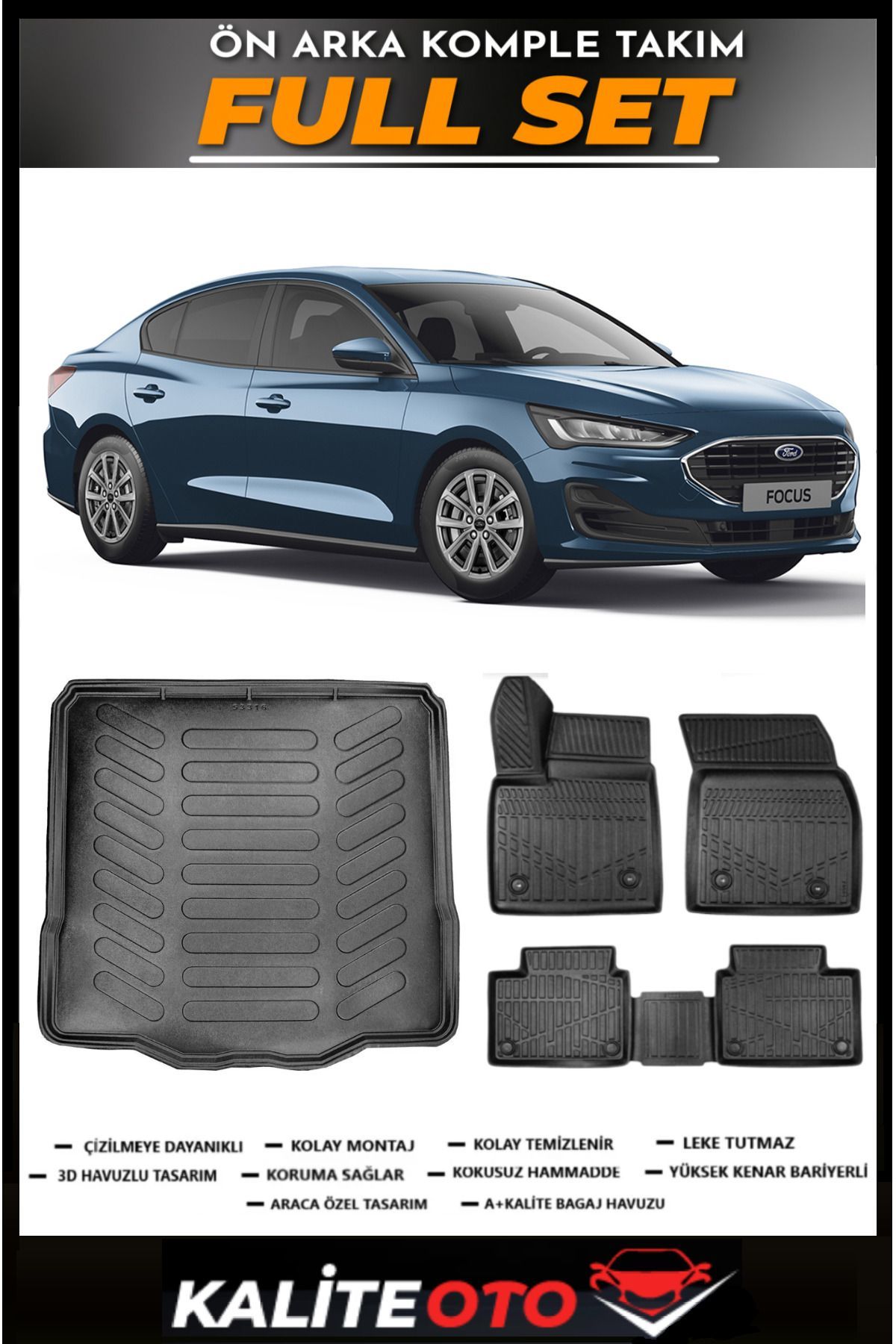 Ford Focus 5 Sedan Tamir kitli Bagaj Havuzu+4.5D Havuzlu Paspas Seti 2025 Model