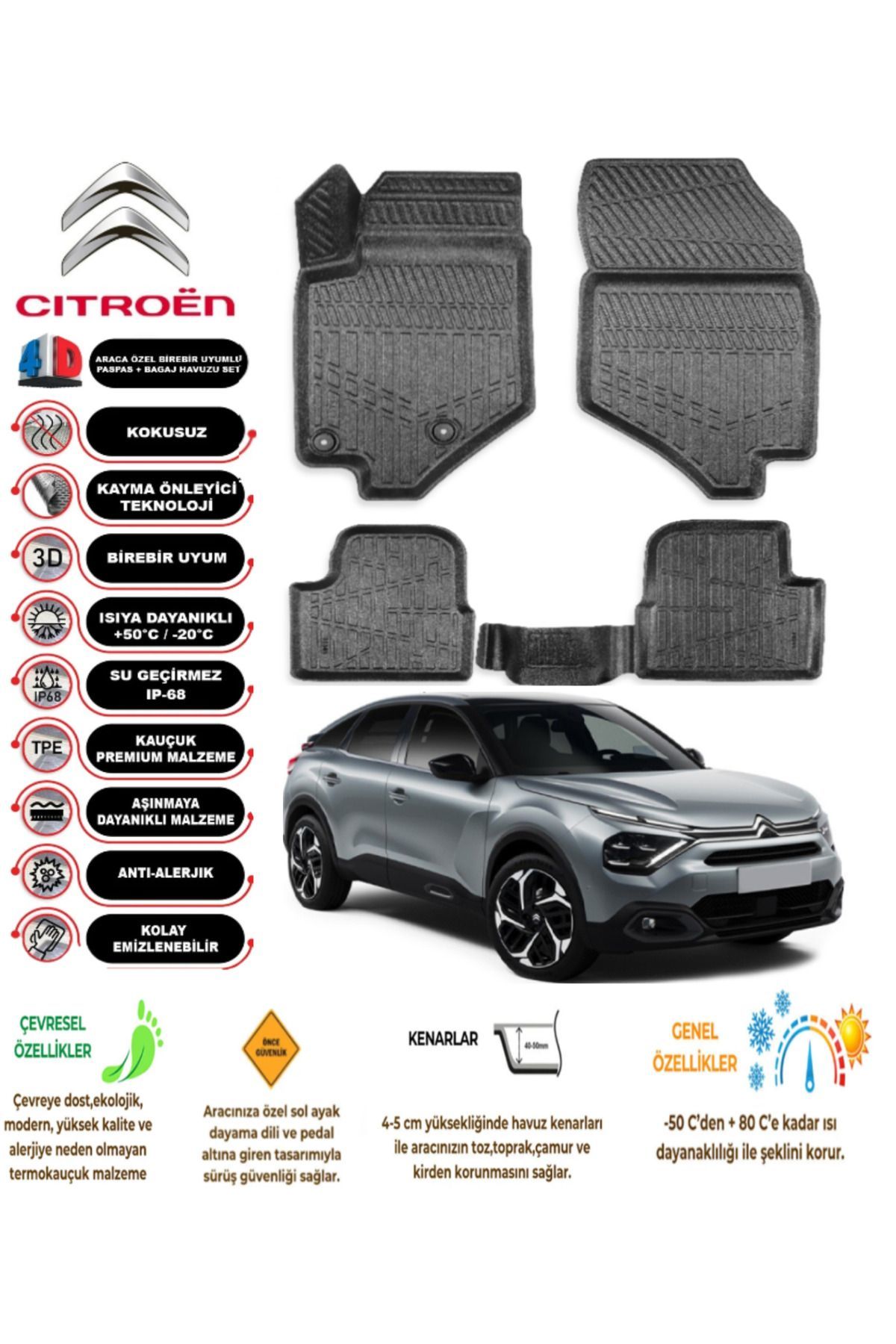 Citroen C4 2020 Sonrası 4D Araca Özel Havuzlu Kokusuz Paspas Takımı