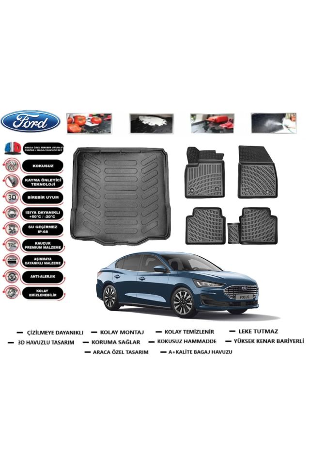 Ford Focus 4 Sedan 2022 Model Tamir Kitli Bagaj Havuzu Araca Özel Paspas Takımı Prrox