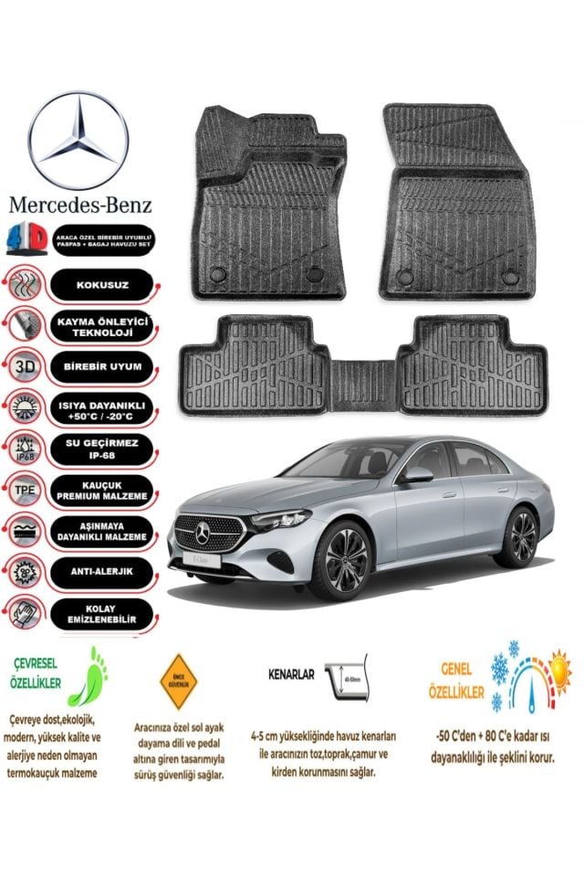 Mercedes E Serisi W214 2023 Sonrası 4D Araca Özel Havuzlu Kokusuz Paspas Takımı