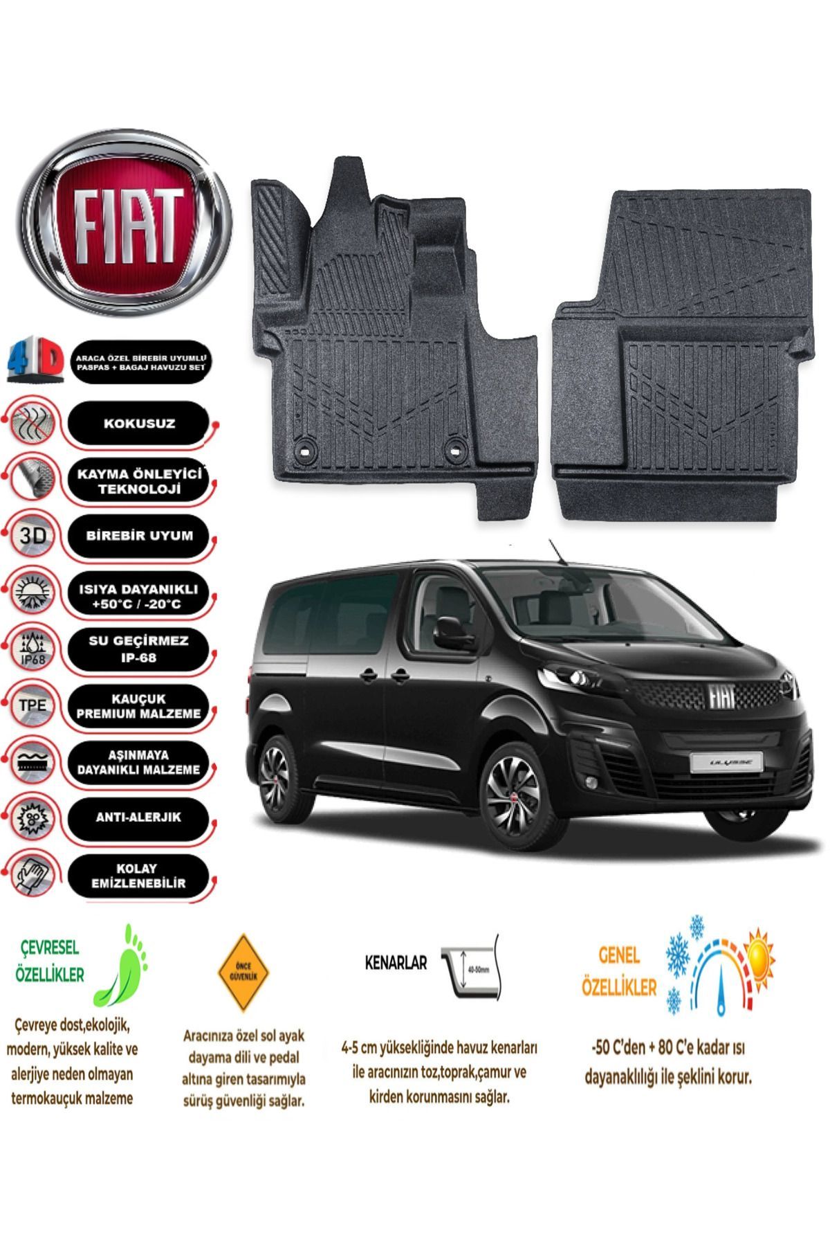 Fiat Ulysee 2023 Model 4D Araca Özel Havuzlu Paspas Takımı