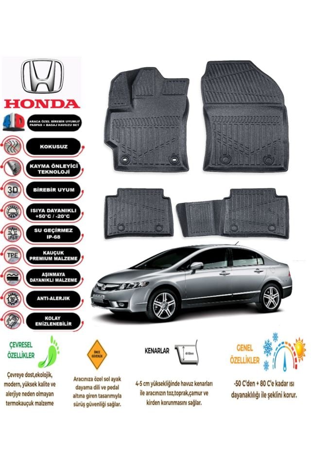 Honda Civic 2006-2012 Arası 4D Araca Özel Havuzlu Kokusuz Paspas Takımı