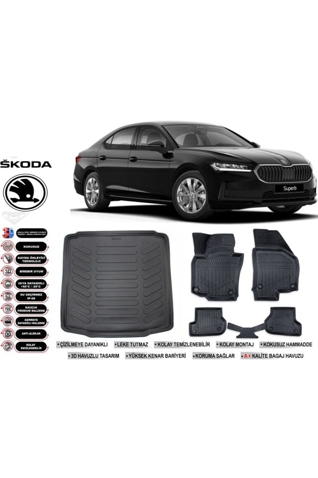 Skoda Superb 2025 Model Bagaj Havuzu Araca Özel Siyah Havuzlu Paspas Takımı Sett