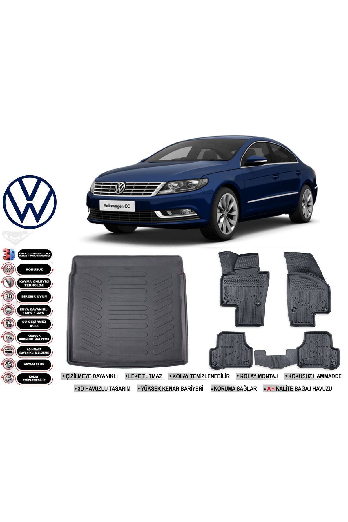 Volkswagen Passat CC 2010 Model Bagaj Havuzu Araca Özel Siyah Havuzlu Paspas Takımı Sett