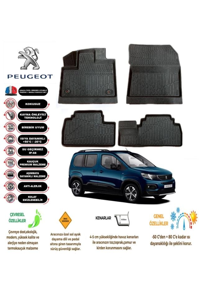 Peugeot Rifter 2019 Sonrası 4D Araca Özel Havuzlu Kokusuz Paspas Takımı