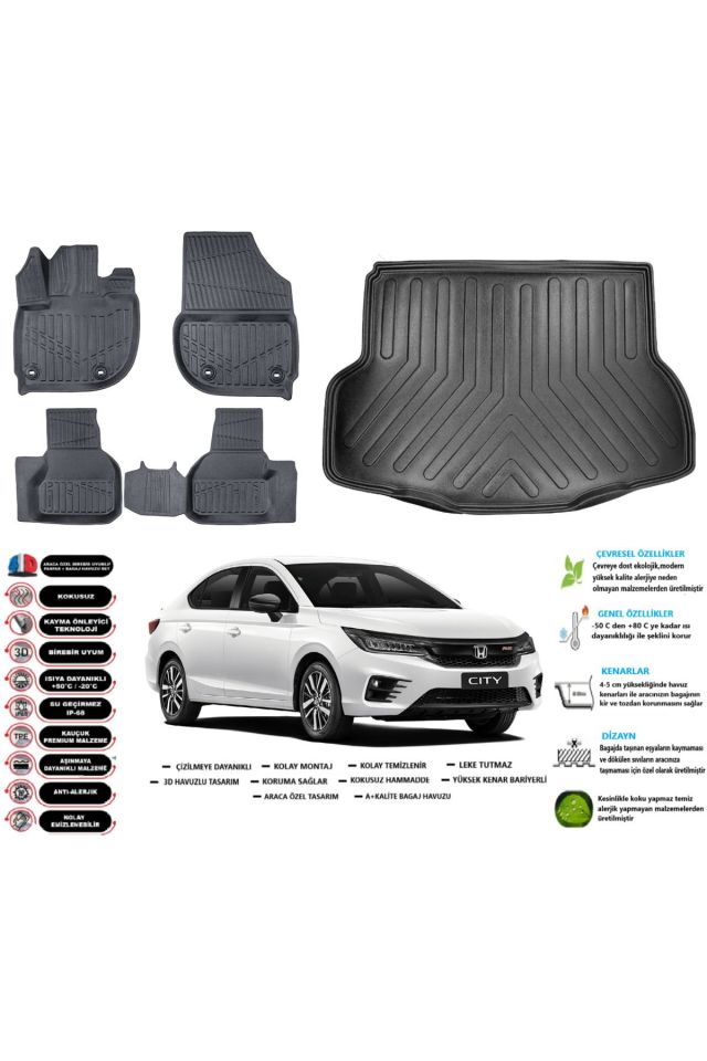 Honda City 2022 Model Esnek Bagaj Havuzu Araca Özel Siyah Kokusuz Paspas Takımı