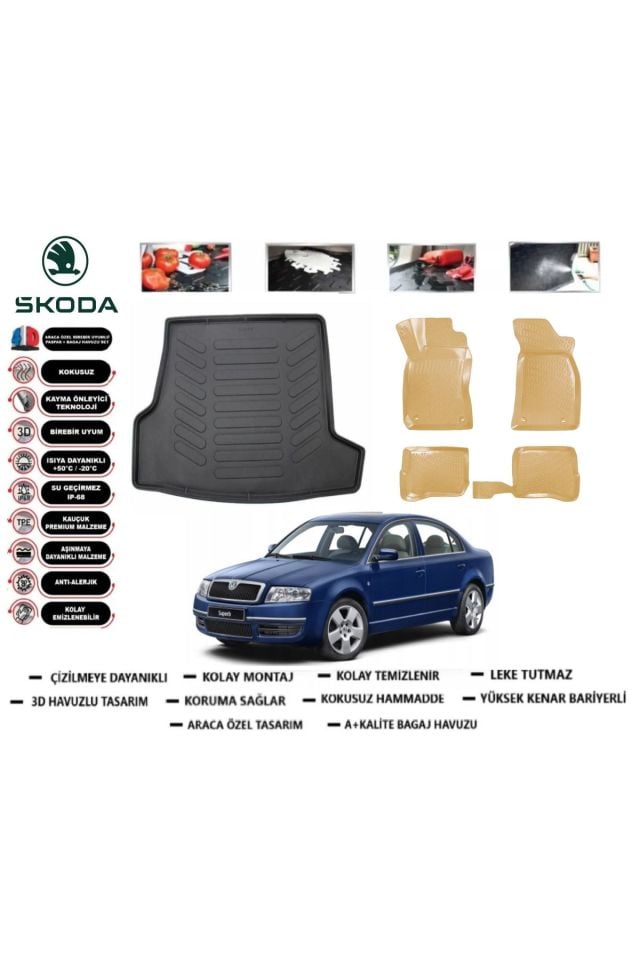 Skoda Super B 2005 Model Bagaj Havuzu(paspası)+Araca Özel Bej Paspas Takımı Flex