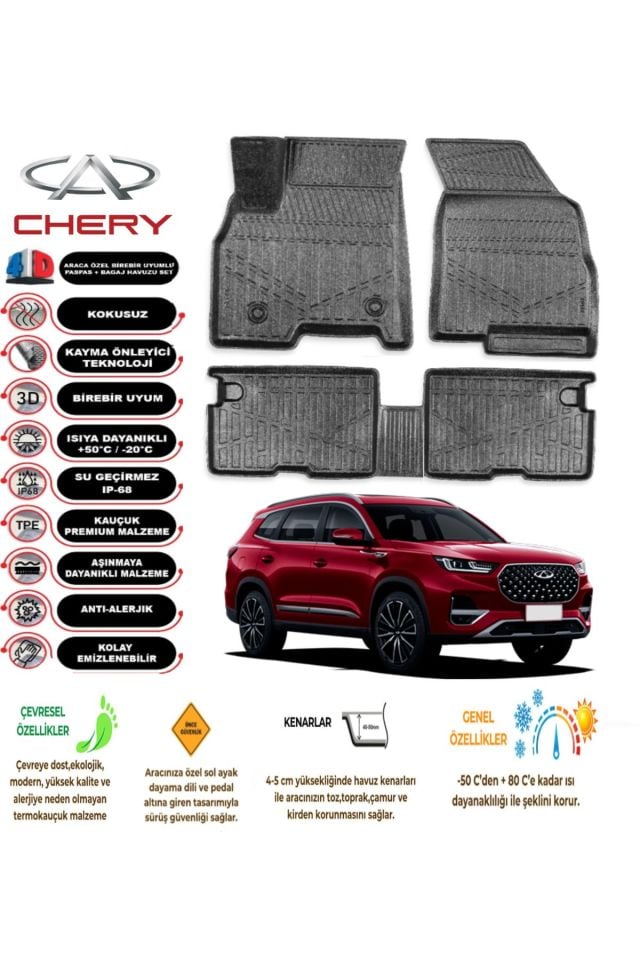 Chery Tiggo 8 Pro 2022 Sonrası 4D Araca Özel Havuzlu Kokusuz Paspas Takımıı