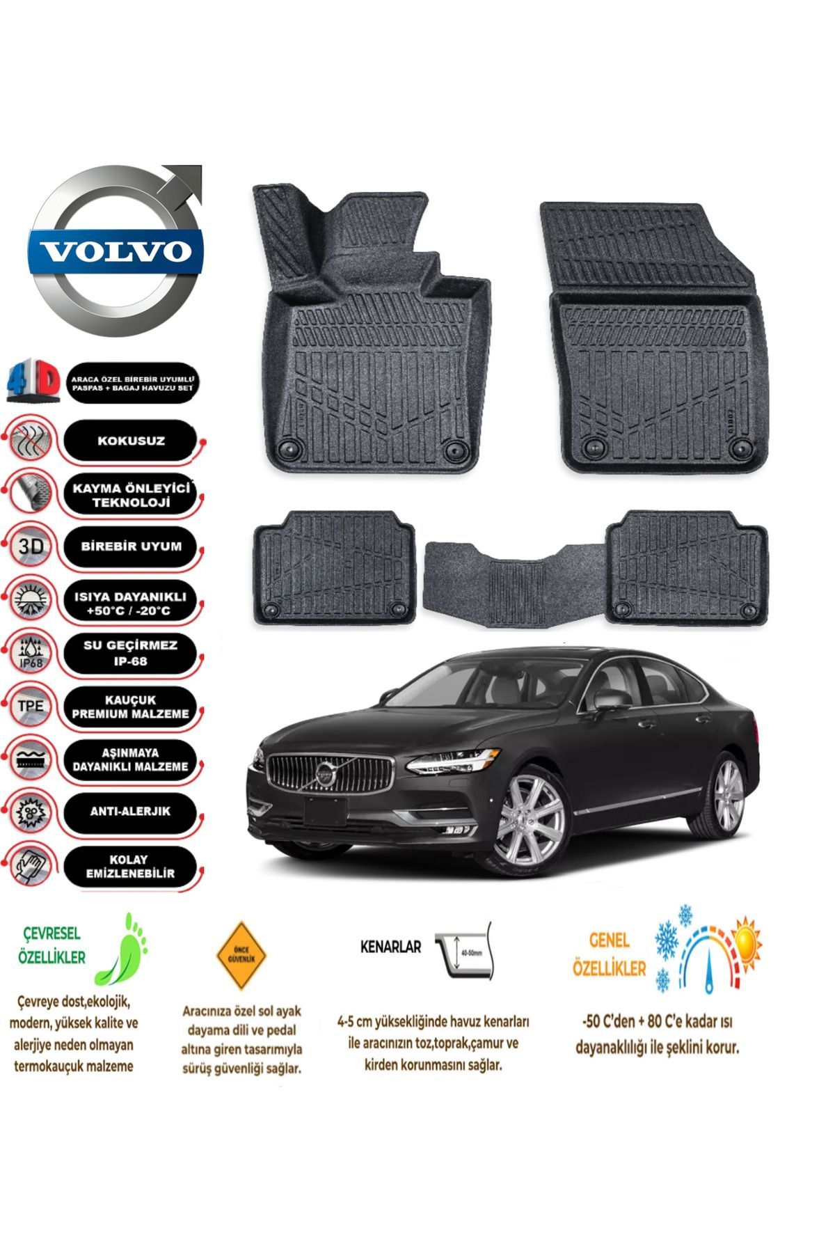 Volvo S90 2016 Sonrası 4D Araca Özel Havuzlu Kokusuz Paspas Takımıı