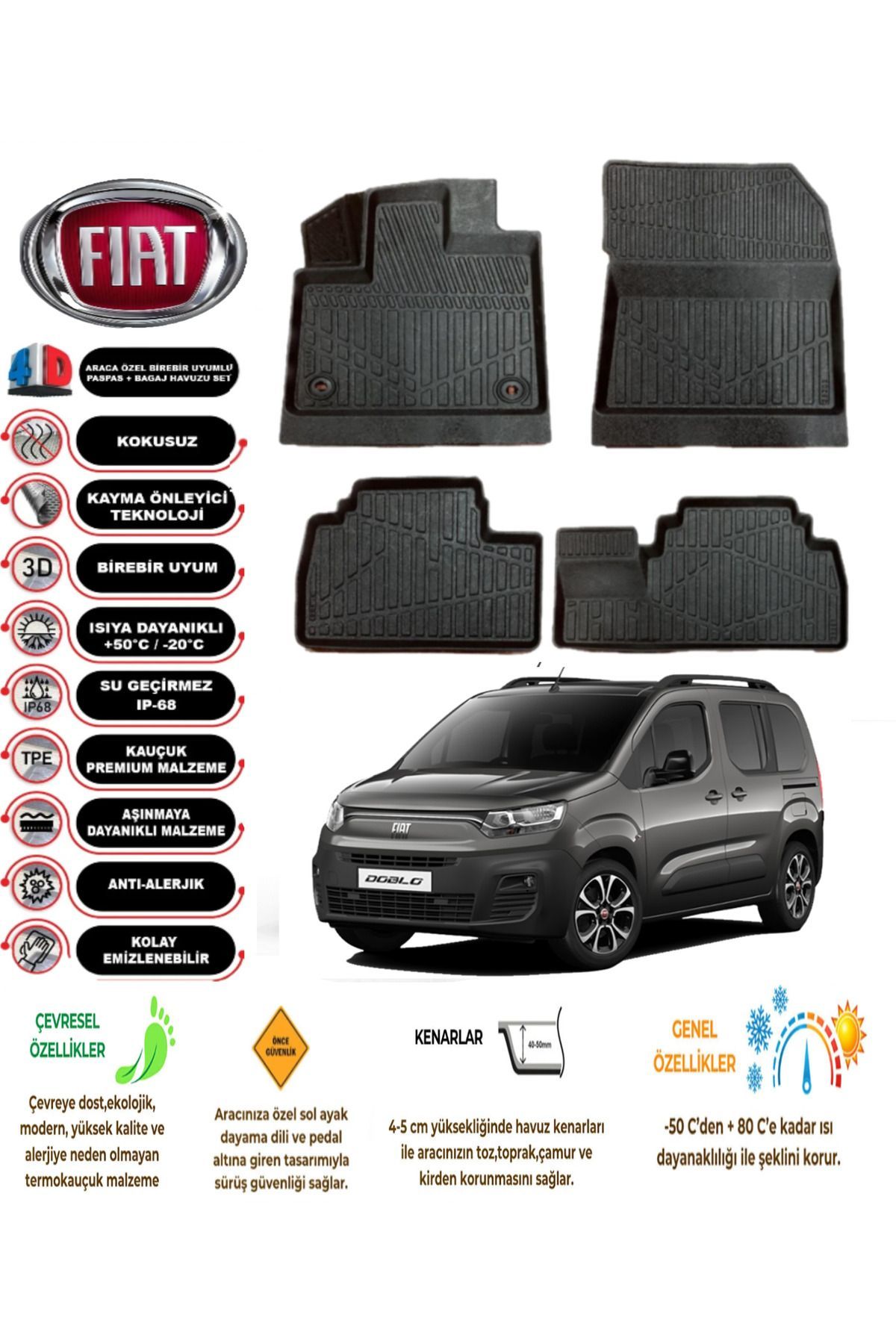 Fiat Doblo 2023 Sonrası 4D Araca Özel Havuzlu Kokusuz Paspas Takımıı