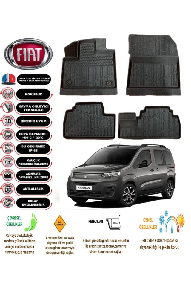 Fiat Doblo 2023 Sonrası 4D Araca Özel Havuzlu Kokusuz Paspas Takımıı