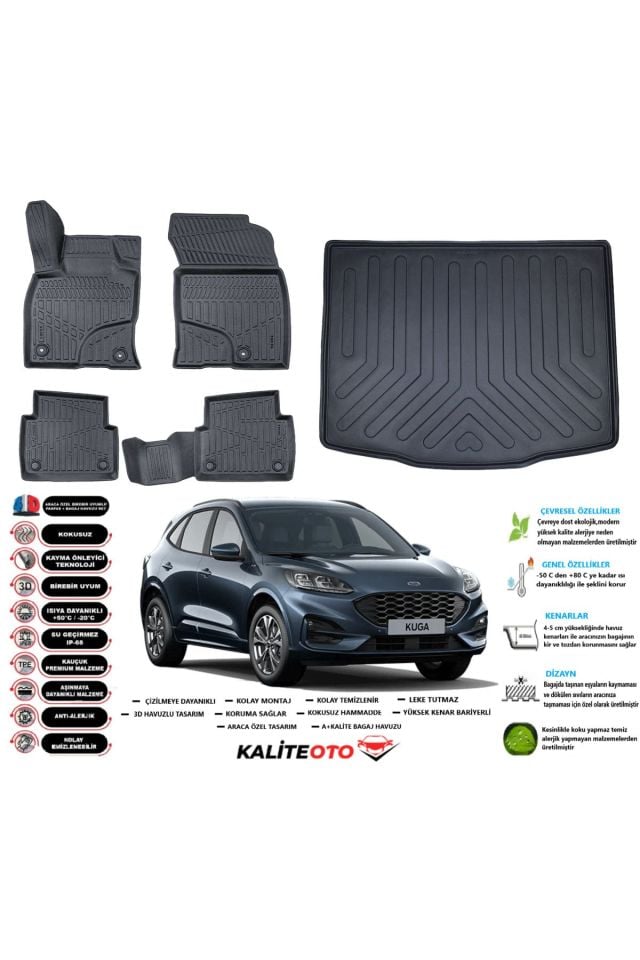 Ford Kuga 2023 Model Esnek Bagaj Havuzu Araca Özel Siyah Paspas Takımı