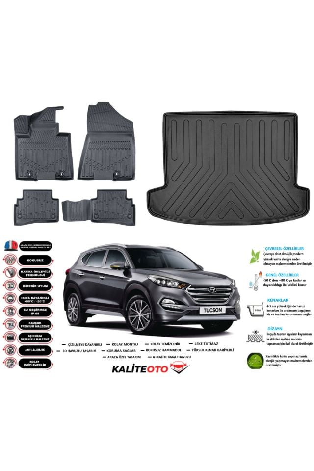 Hyundai Tucson 2017 Model Esnek Bagaj Havuzu Paspası Araca Özel Siyah Kokusuz Paspas Takımı
