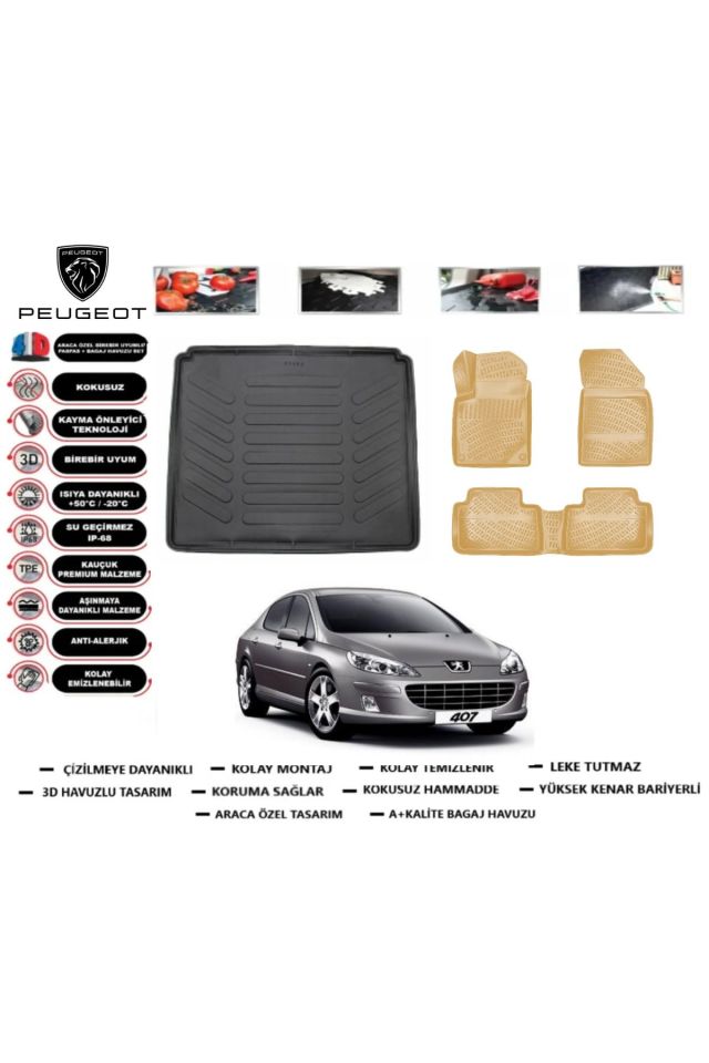 Peugeot 407 Sedan 2005 Model Bagaj Havuzu(paspası)+Araca Özel Bej Paspas Takımı Flex