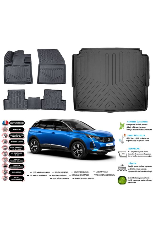 Peugeot 3008 2023 Model Alt Esnek Bagaj Havuzu Araca Özel Siyah Paspas Takımı