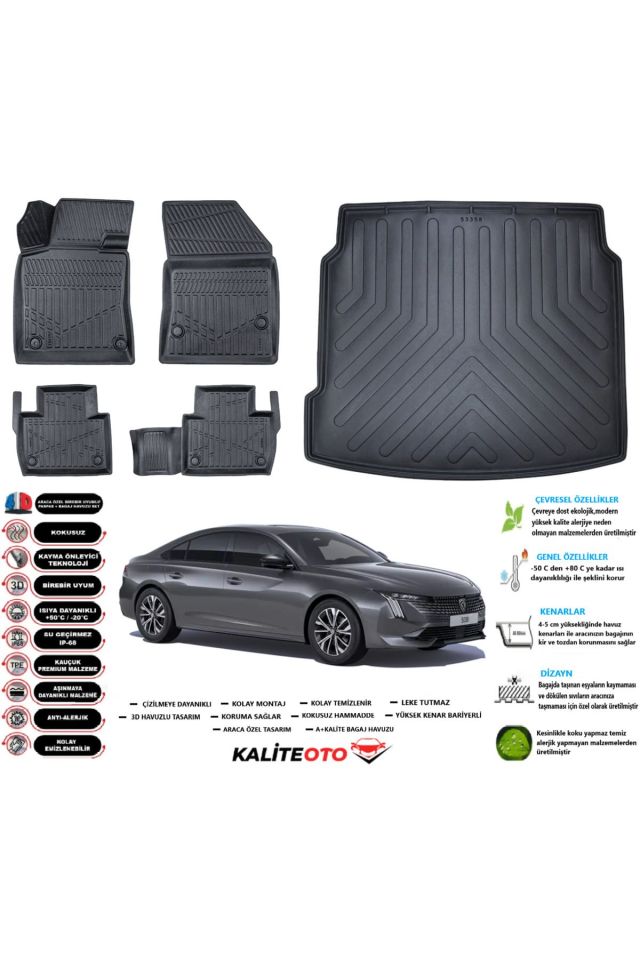Peugeot 508  2020 Model Esnek Bagaj Havuzu Paspası Araca Özel Siyah Kokusuz Paspas Takımı