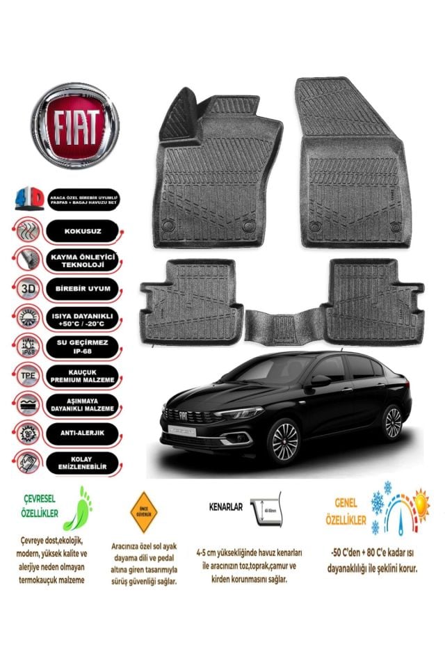 Fiat Egea Hybrıd 2021 Sonrası 4D Araca Özel Havuzlu Kokusuz Paspas Takımıı