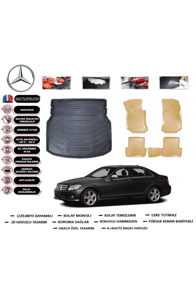 Mercedes C Serisi W204 2008 Model Rampalı Bagaj Havuzu+Araca Özel Bej Paspas Takımı Flex