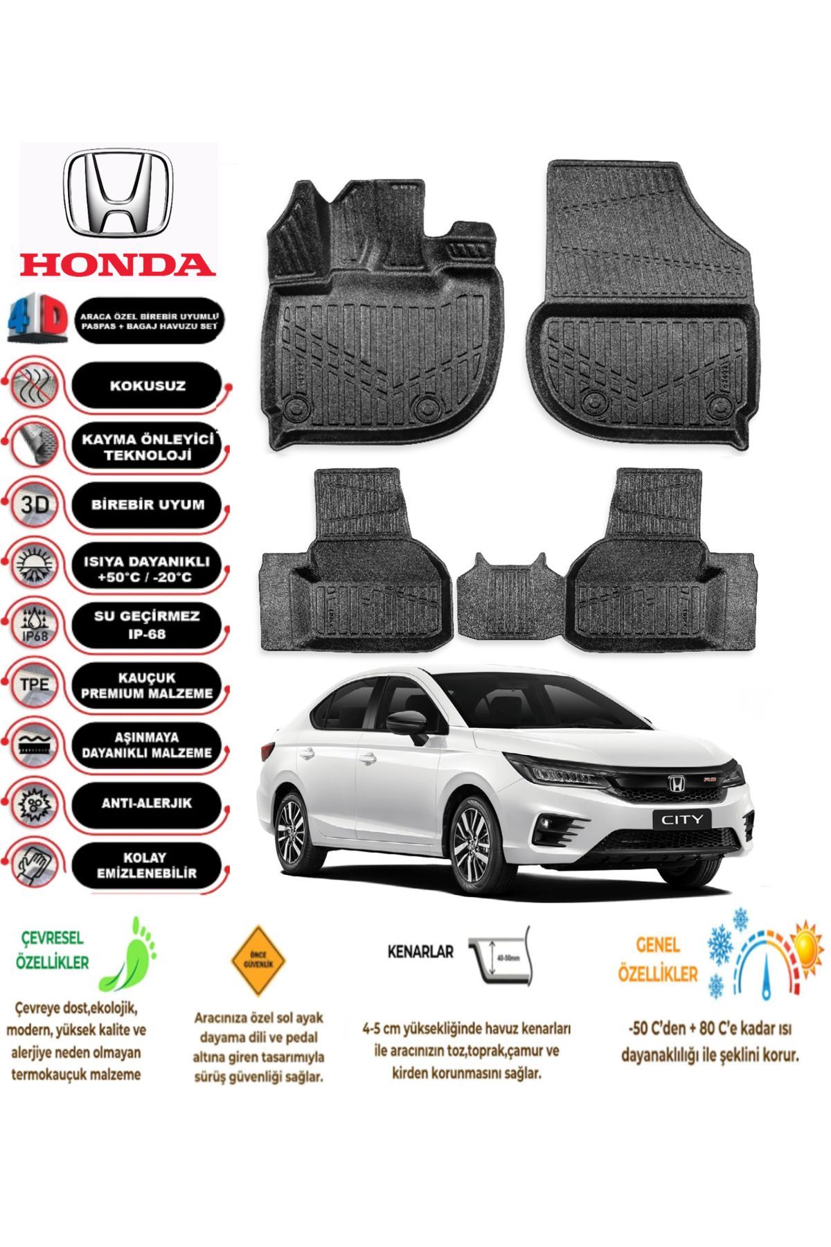 Honda City 2021 Sonrası 4D Araca Özel Havuzlu Kokusuz Paspas Takımıı