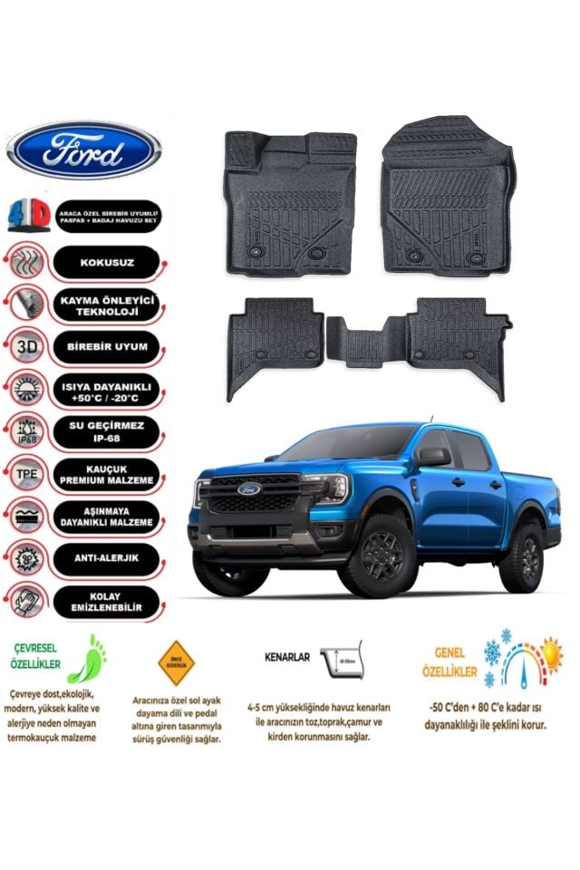 Ford Ranger 2024 Model 4D Araca Özel Havuzlu Paspas Takımı