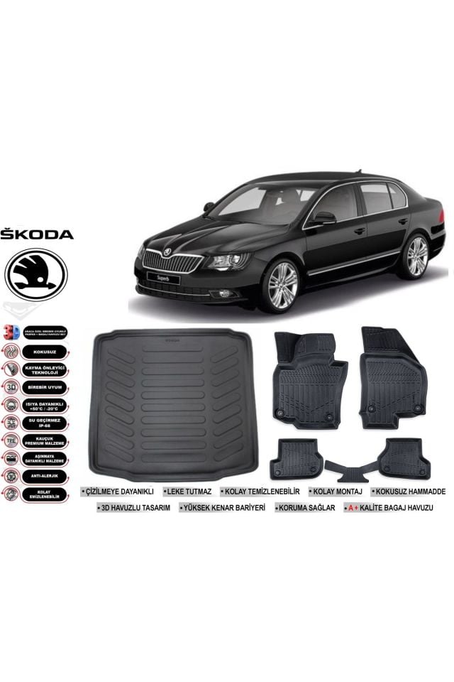Skoda Superb 2009 Model Bagaj Havuzu Araca Özel Siyah Havuzlu Paspas Takımı Sett