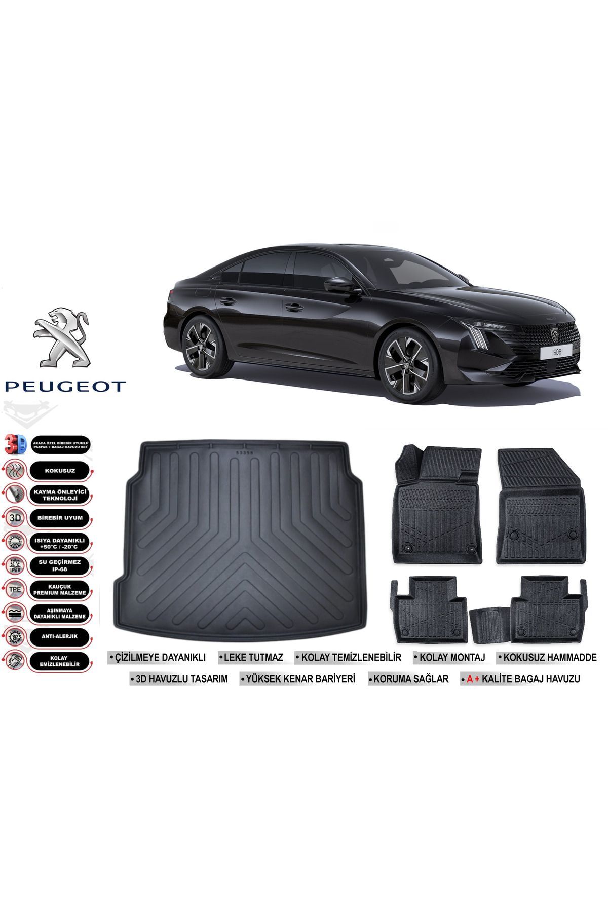 Peugeot 508  2020 Model Bagaj Havuzu Araca Özel Siyah Havuzlu Paspas Takımı Sett