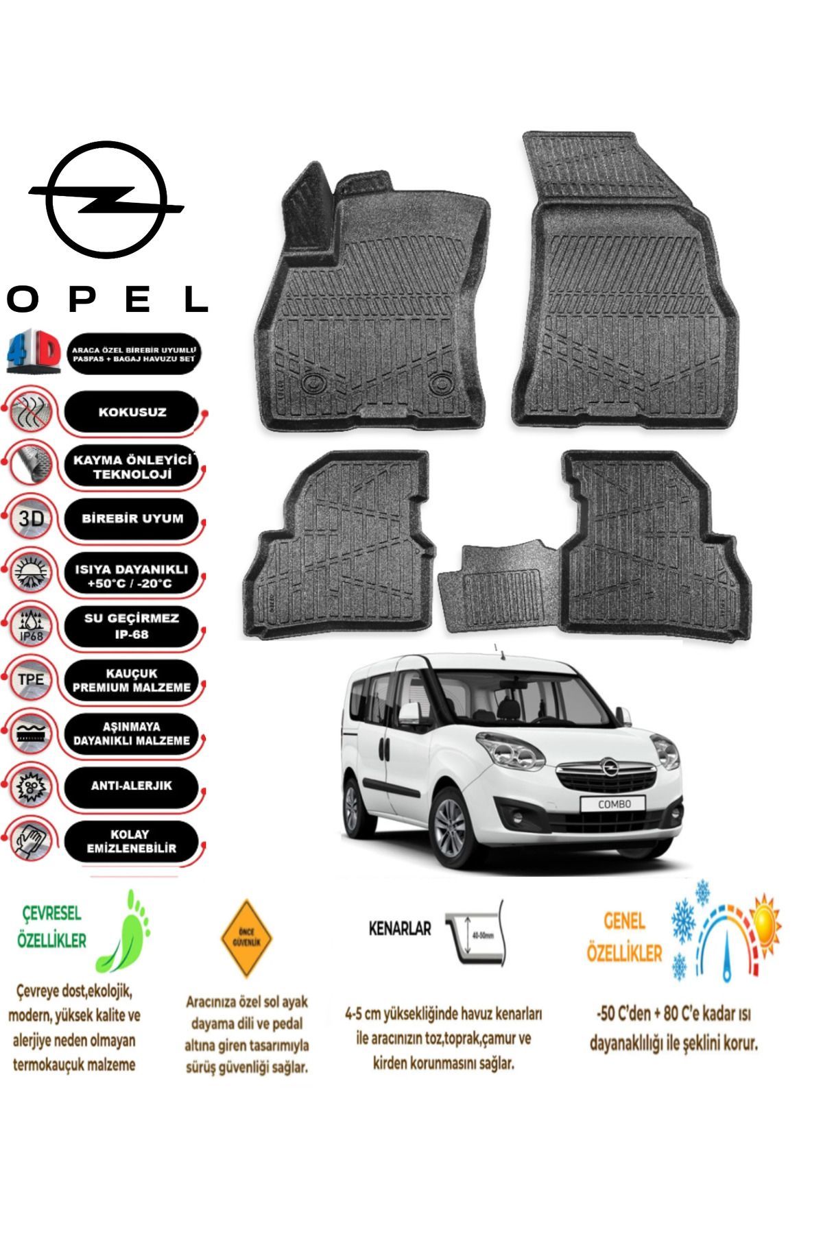 Opel Combo 2011-2019 Arası 4D Araca Özel Havuzlu Kokusuz Paspas Takımı