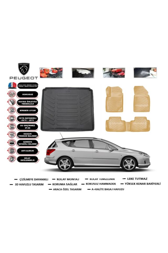 Peugeot 407 STW 2006 Model Bagaj Havuzu(paspası)+Araca Özel Bej Paspas Takımı Flex