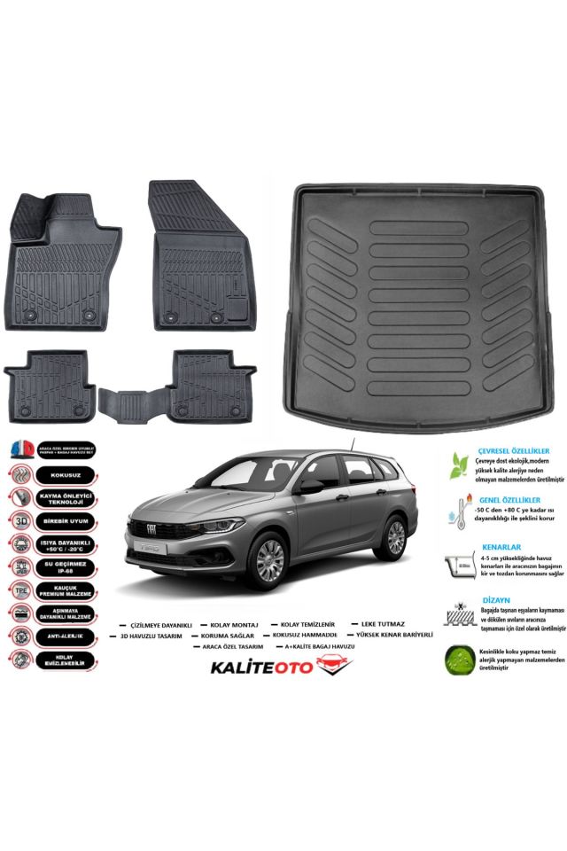 Fiat Egea Station Vagon 2017 Model Üst Esnek Bagaj Havuzu Araca Özel Siyah Paspas Takımı
