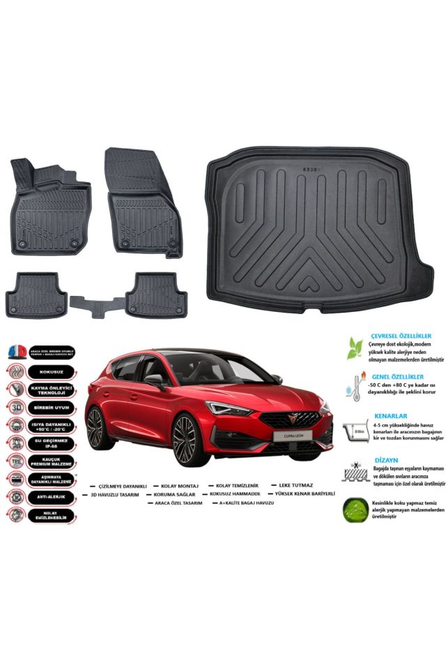 Cupra Leon 2025 Model Alt Esnek Bagaj Havuzu Paspası Araca Özel Siyah Kokusuz Paspas Takımı