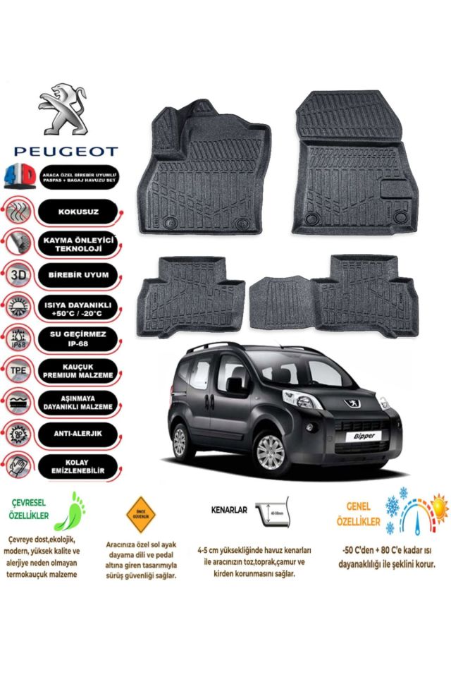 Peugeot Bipper 2008 Sonrası 4D Araca Özel Havuzlu Kokusuz Paspas Takımı