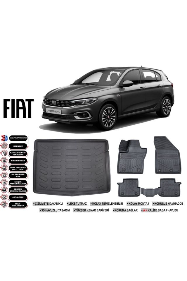 Fiat Egea Hatchback 2021 Model Stepneli Bagaj Havuzu Araca Özel Siyah Havuzlu Paspas Takımı Sett