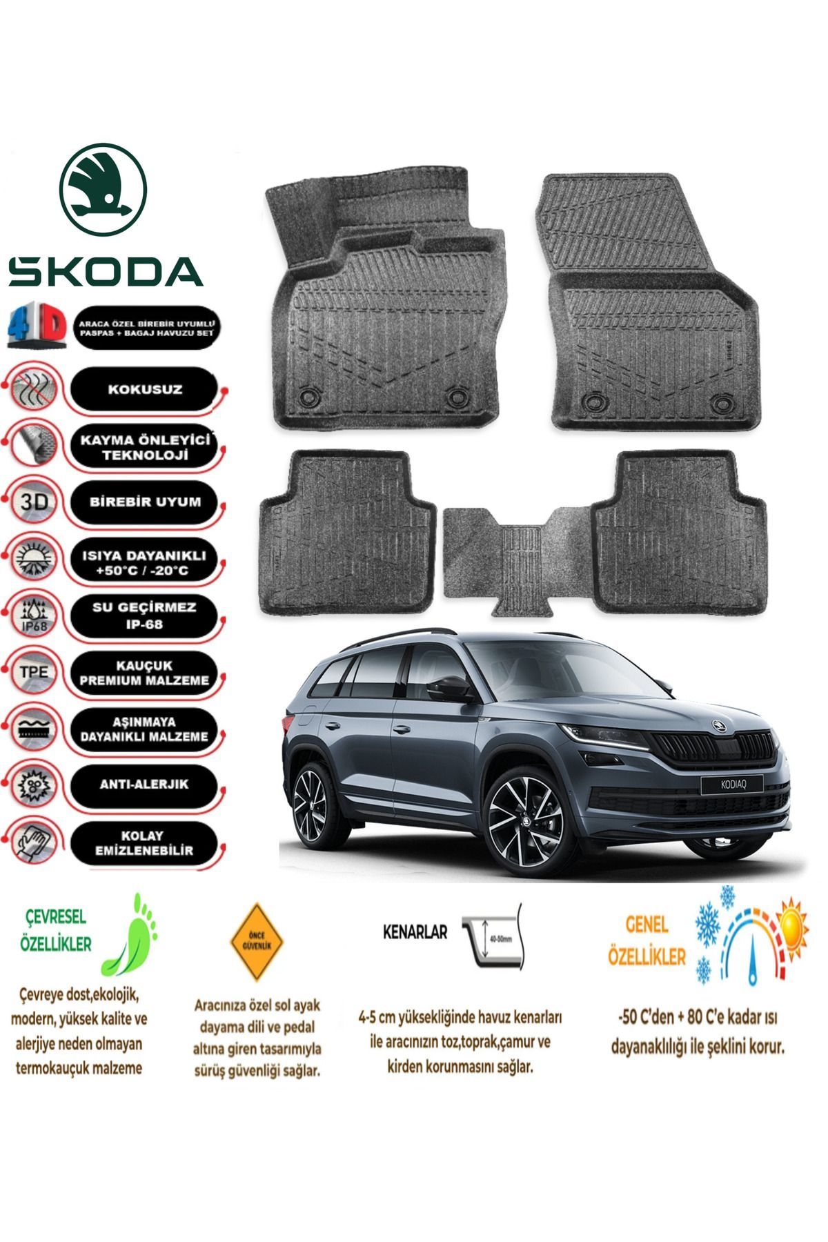 Skoda Karoq 2018 Sonrası 4D Araca Özel Havuzlu Kokusuz Paspas Takımı