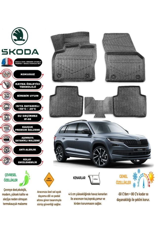 Skoda Karoq 2018 Sonrası 4D Araca Özel Havuzlu Kokusuz Paspas Takımı