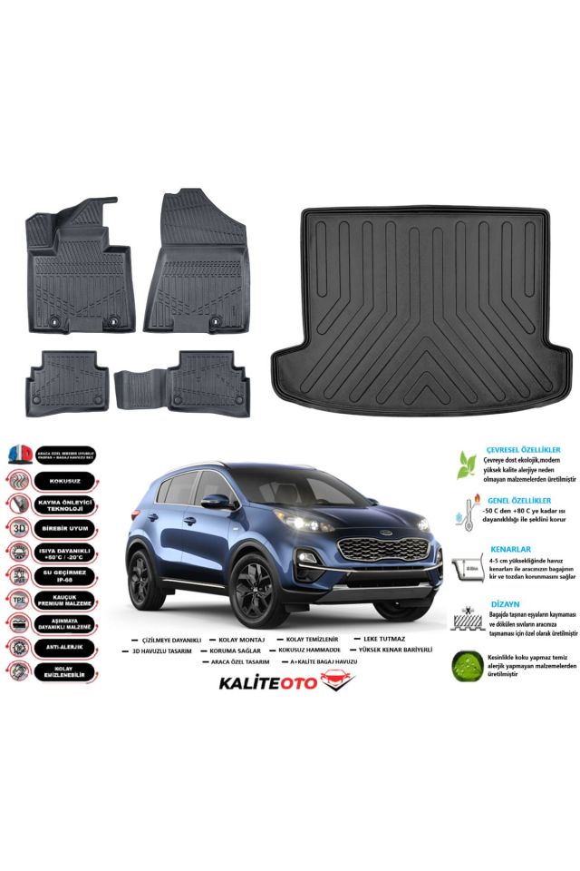 Kia Sportage 2020 Model Esnek Bagaj Havuzu Araca Özel Siyah Kokusuz Paspas Takımı