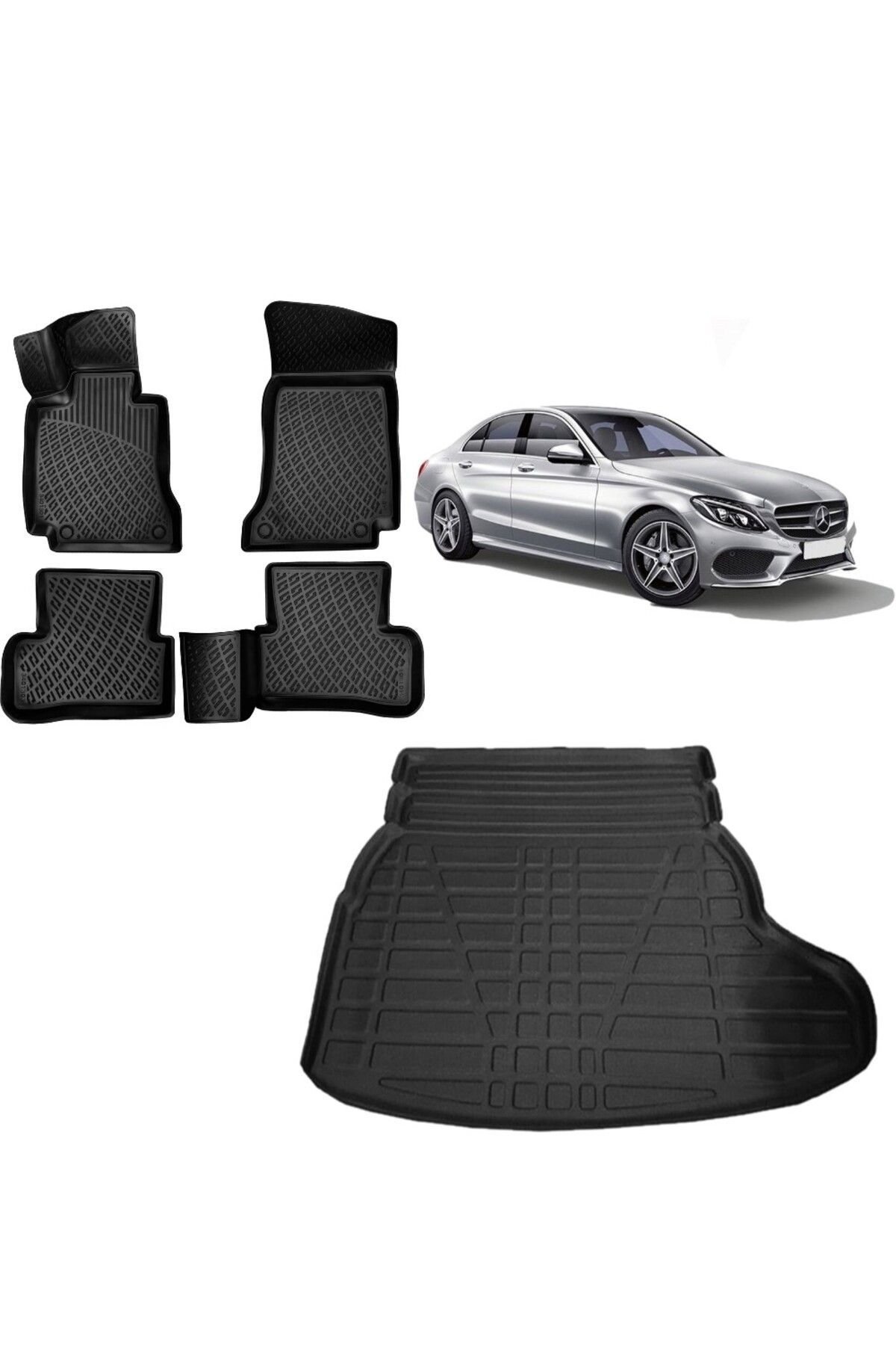 Mercedes C Seri W205 2016 Model Rampalı Kulaklı Bagaj Havuzu+3D Havuzlu Araca Özel Paspas Takımı