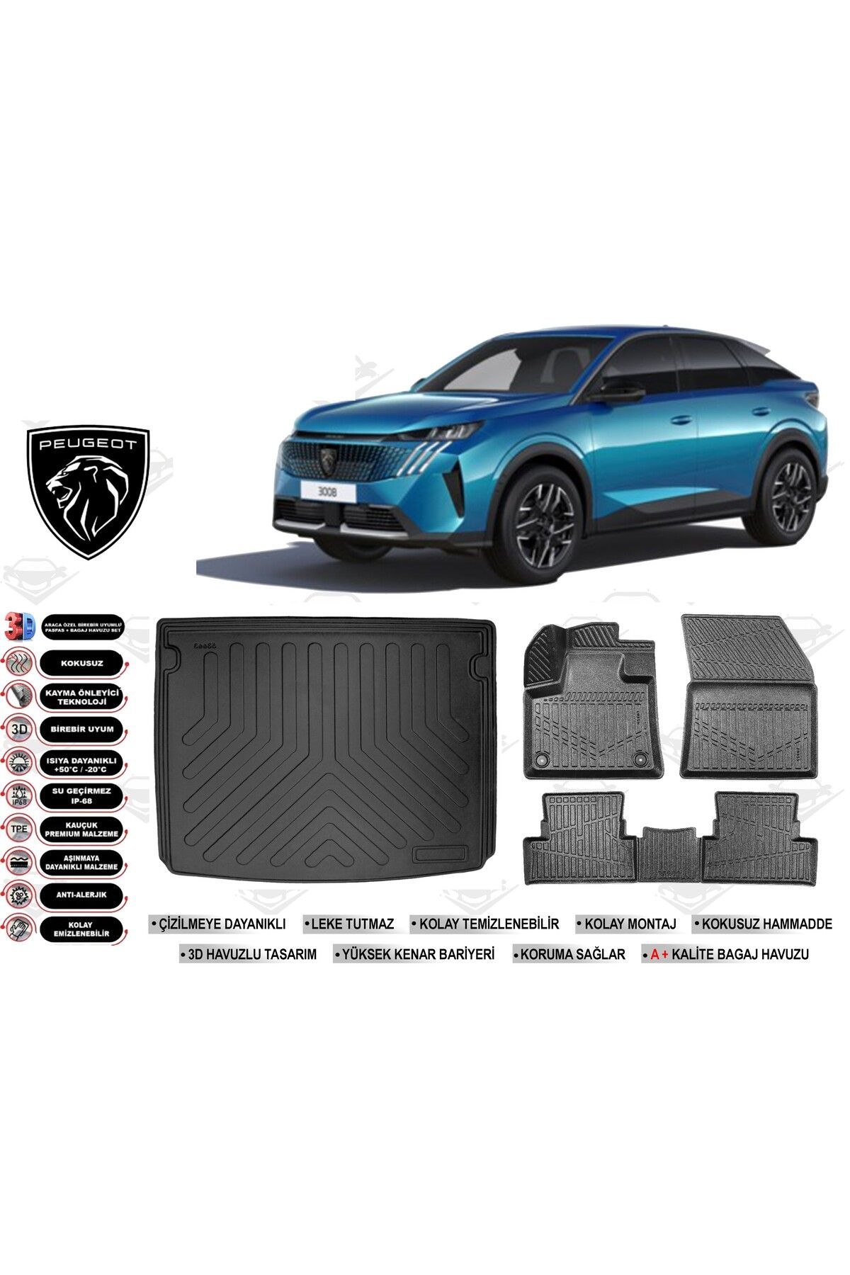 Peugeot 3008 Hybrid 2025 Model Üst Bagaj Havuzu Araca Özel Siyah Havuzlu Paspas Takımı Sett