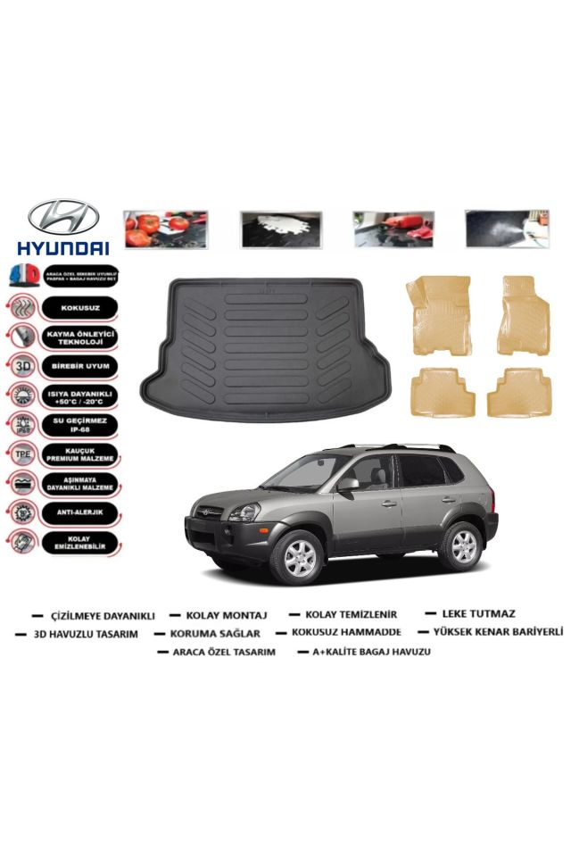Hyundai Tucson 2009 Model Bagaj Havuzu+Araca Özel Bej Paspas Takımı Flex
