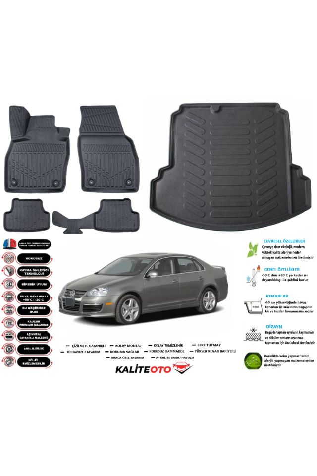 Volkswagen Jetta 2006 Model Esnek Bagaj Havuzu Araca Özel Siyah Paspas Takımı