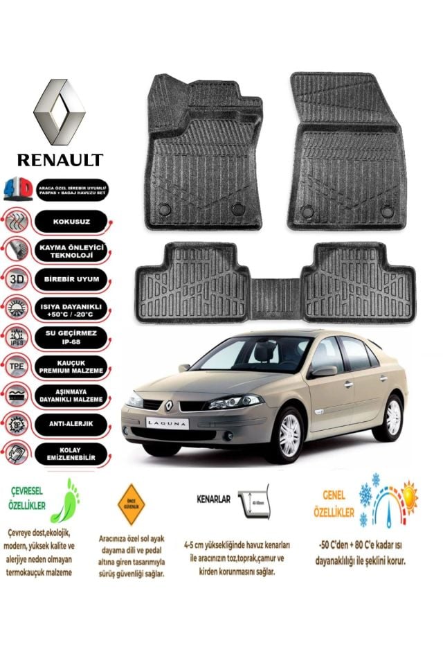 Renault Laguna 2 2001-2007 Arası 4D Araca Özel Havuzlu Kokusuz Paspas Takımı
