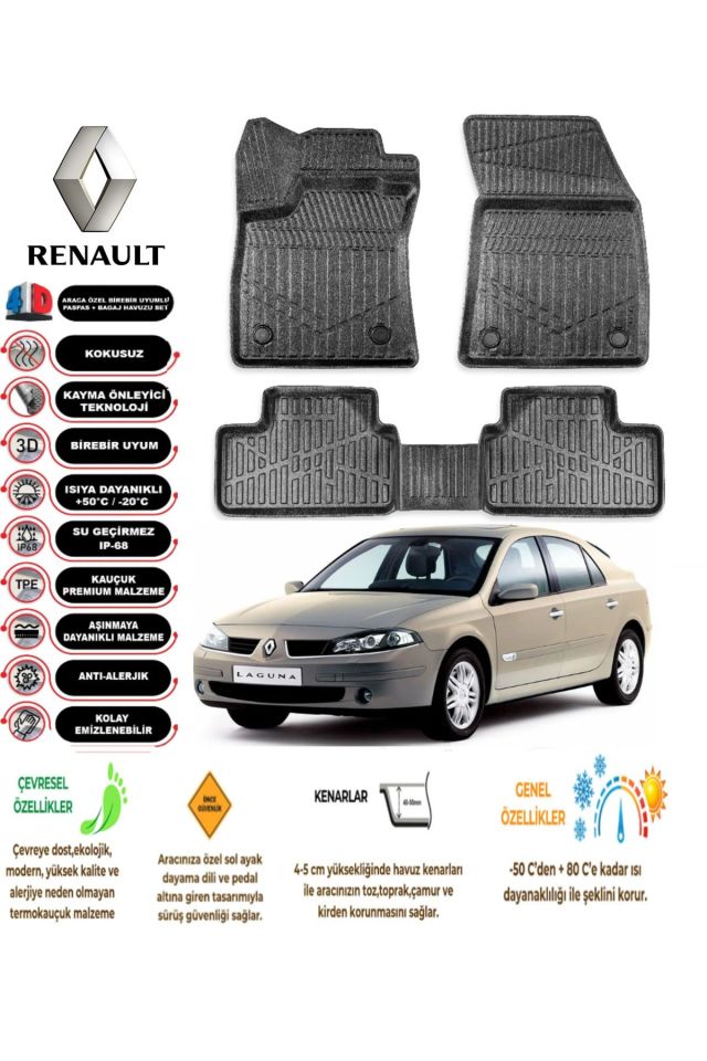 Renault Laguna 2 2001-2007 Arası 4D Araca Özel Havuzlu Kokusuz Paspas Takımı