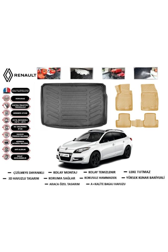 Renault Megane 3 Sport tourer 2009 Model Bagaj Havuzu+Araca Özel Bej Paspas Takımı Flex