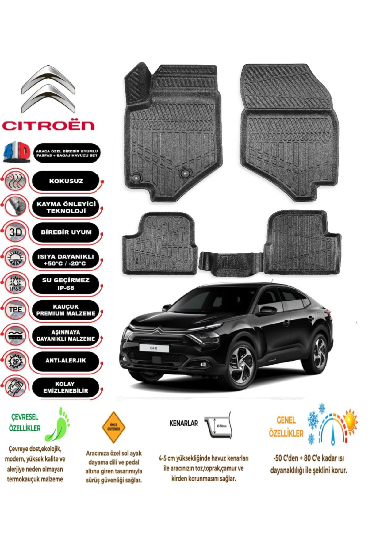 Citroen C4X 2023 Sonrası 4D Araca Özel Havuzlu Kokusuz Paspas Takımıı